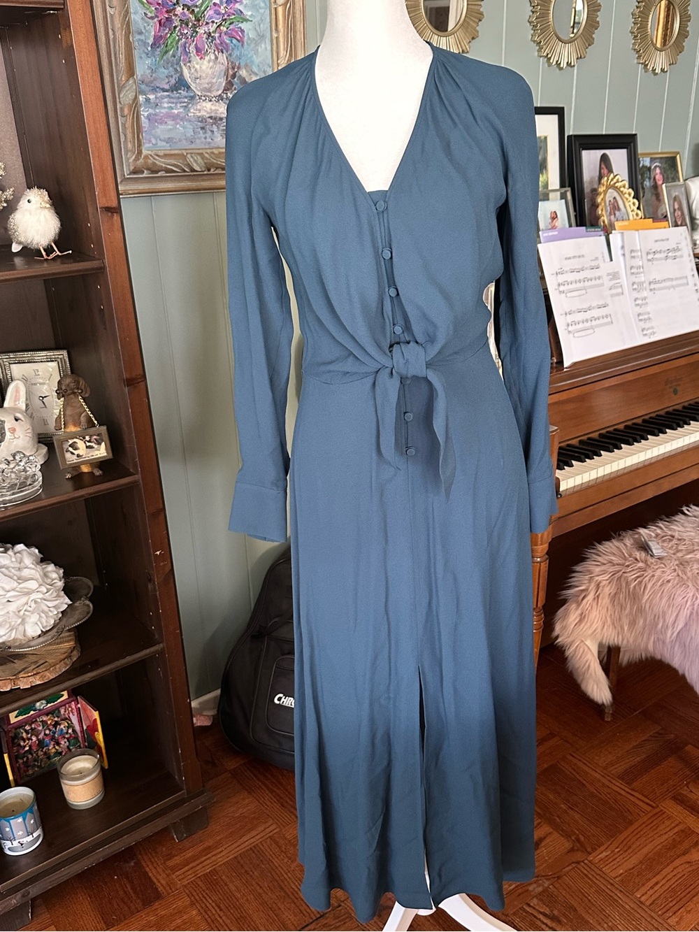 Massimo Dutti Slate Blue Long Sleeve Tie-Front Midi Dress